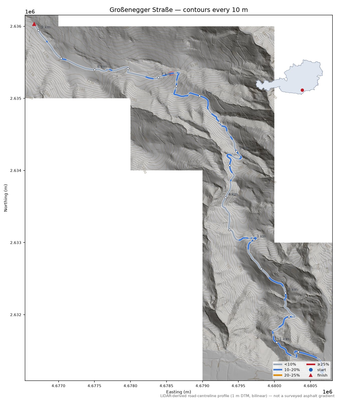 Großenegger Straße LiDAR hillshade map with contours