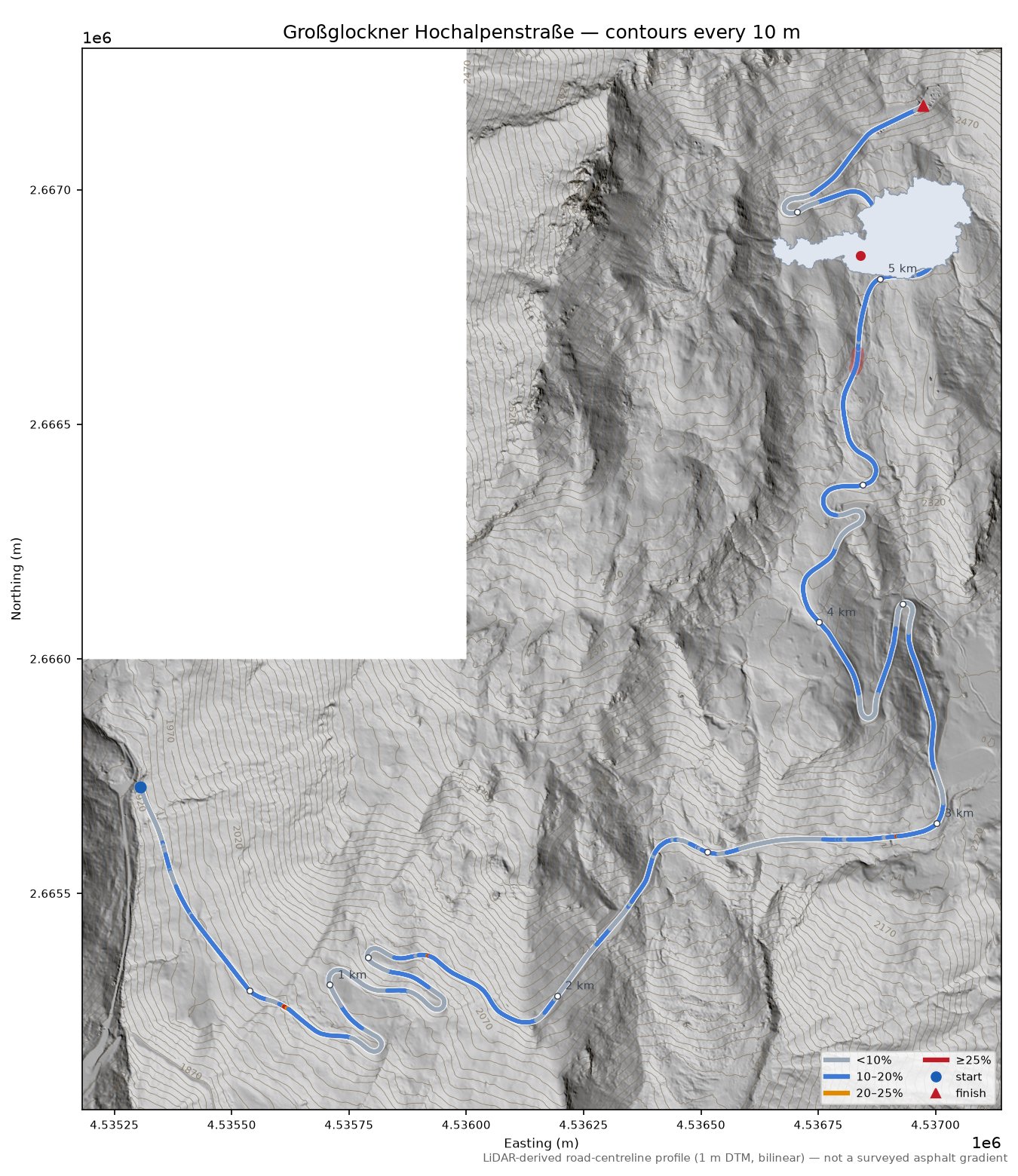 Großglockner Hochalpenstraße LiDAR hillshade map with contours