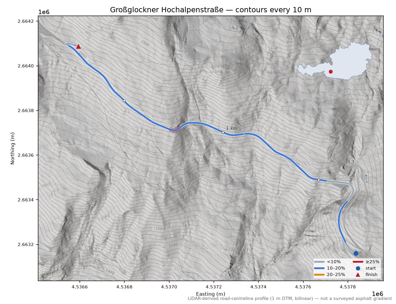 Großglockner Hochalpenstraße LiDAR hillshade map with contours
