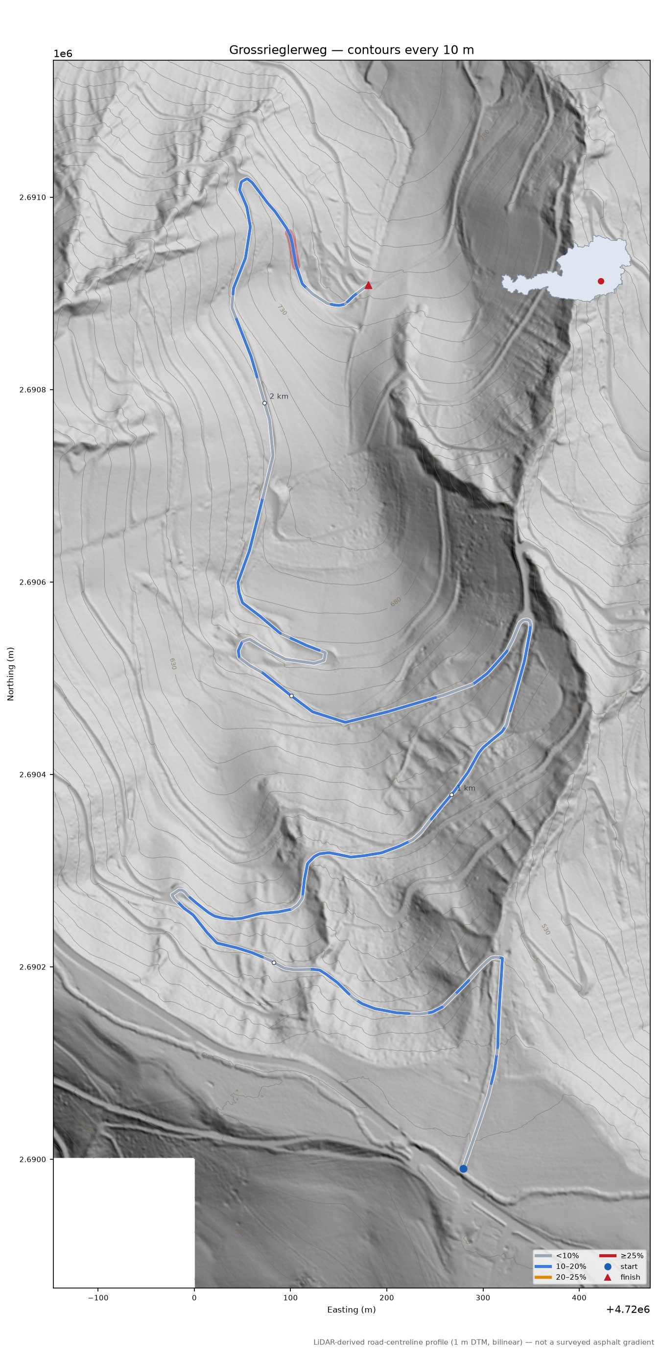Grossrieglerweg LiDAR hillshade map with contours