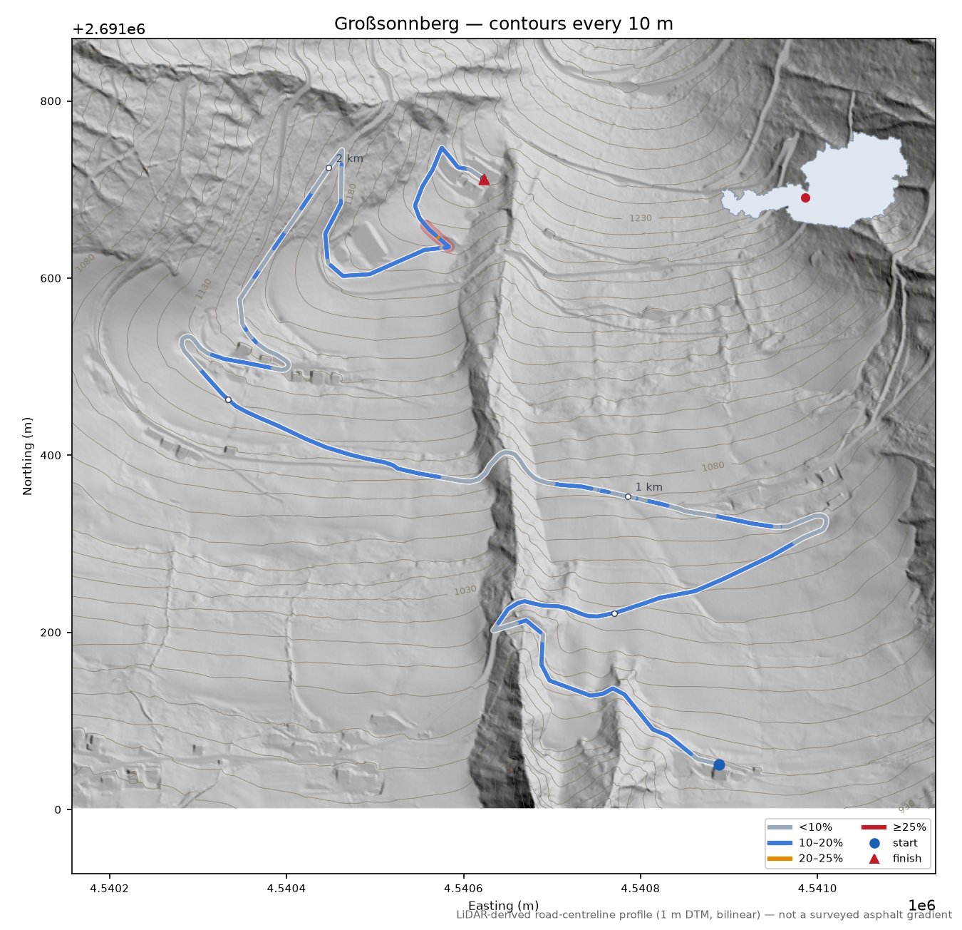 Großsonnberg LiDAR hillshade map with contours