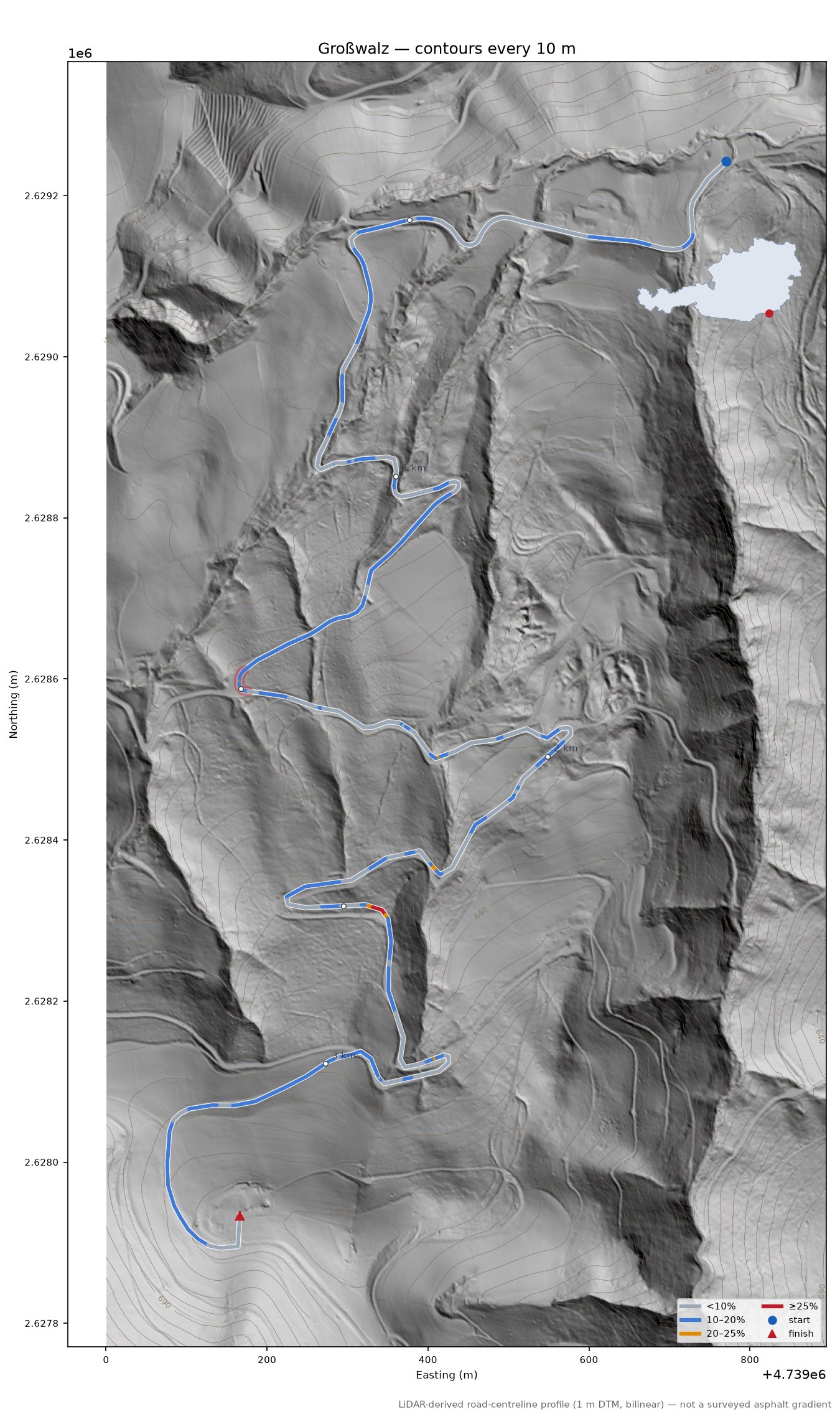 Großwalz LiDAR hillshade map with contours