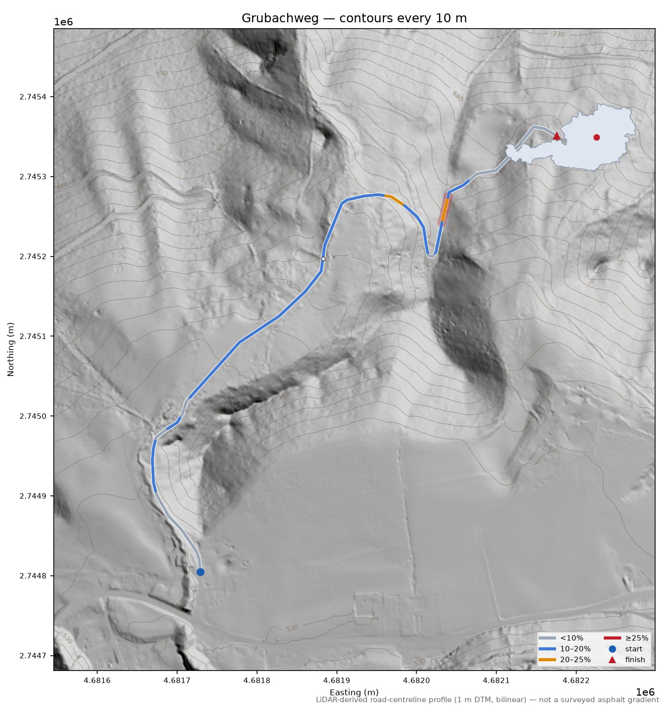 Grubachweg LiDAR hillshade map with contours
