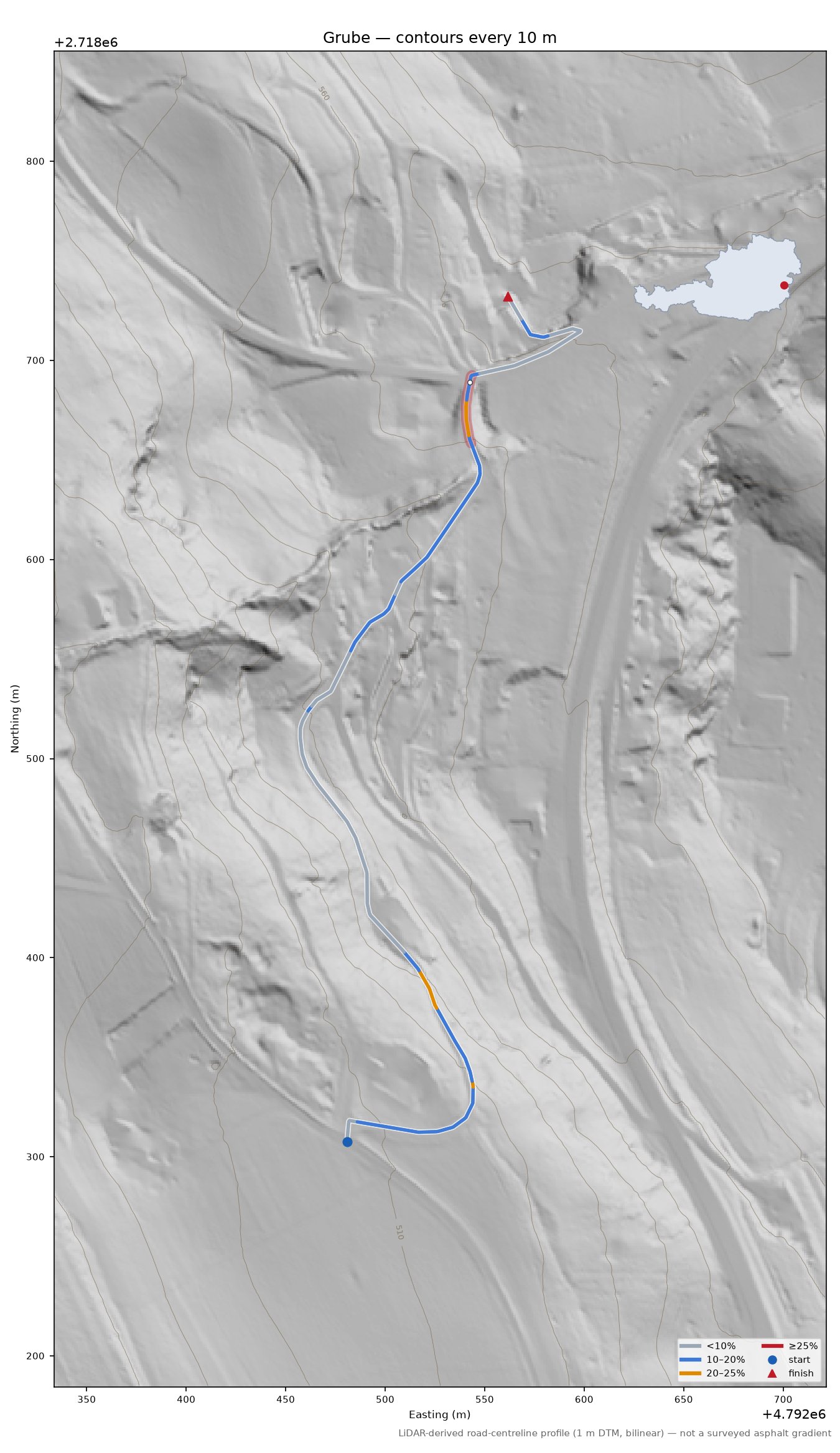 Grube LiDAR hillshade map with contours