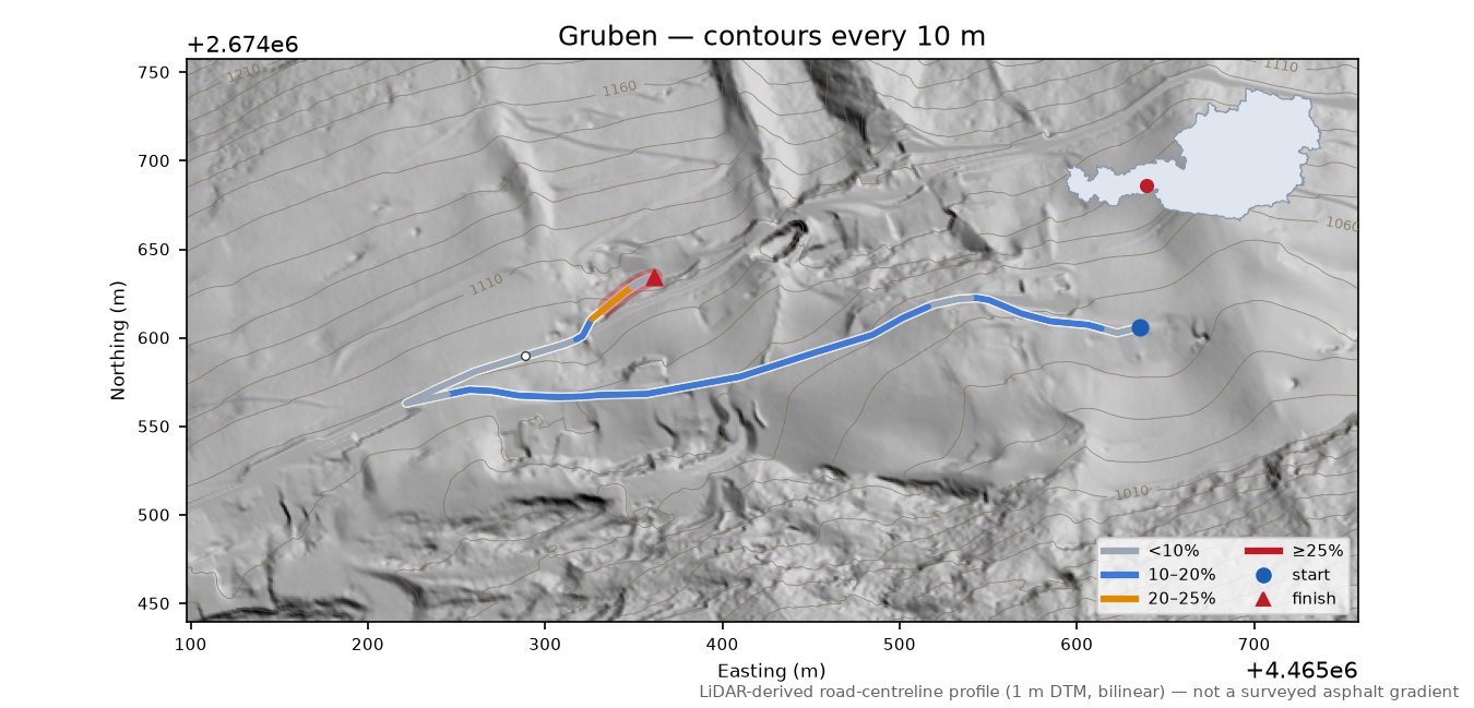 Gruben LiDAR hillshade map with contours