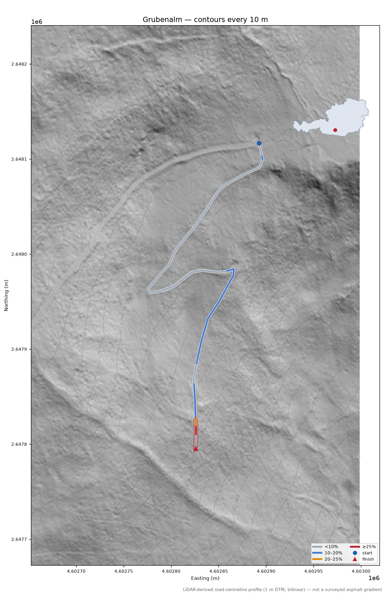 Grubenalm LiDAR hillshade map with contours