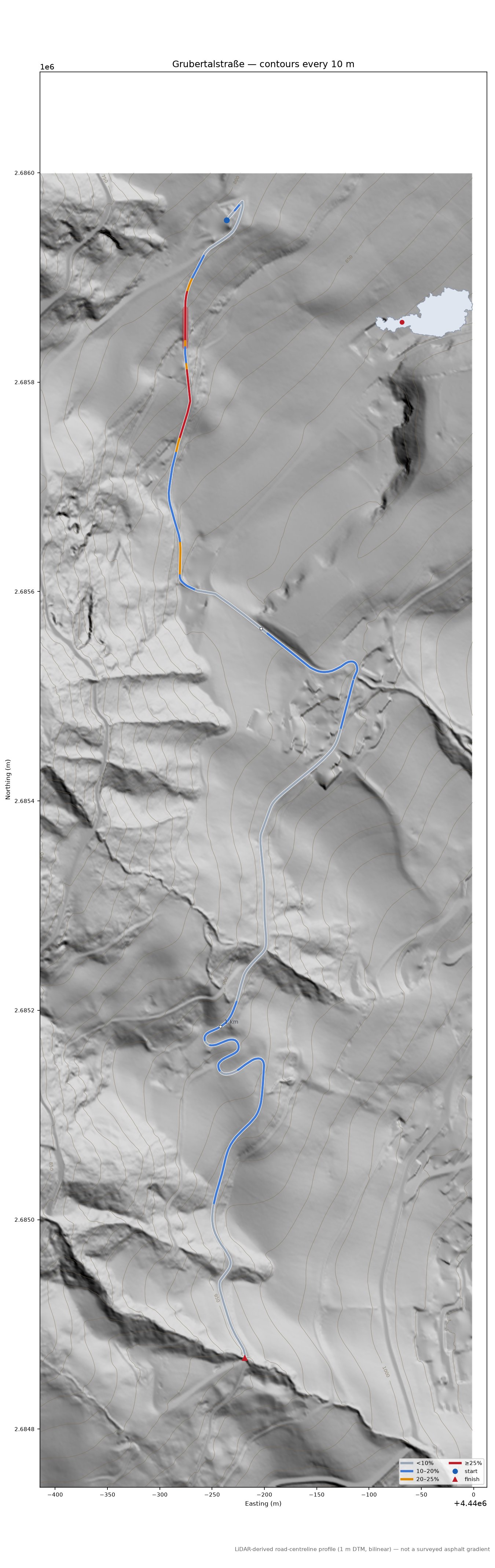 Grubertalstraße LiDAR hillshade map with contours