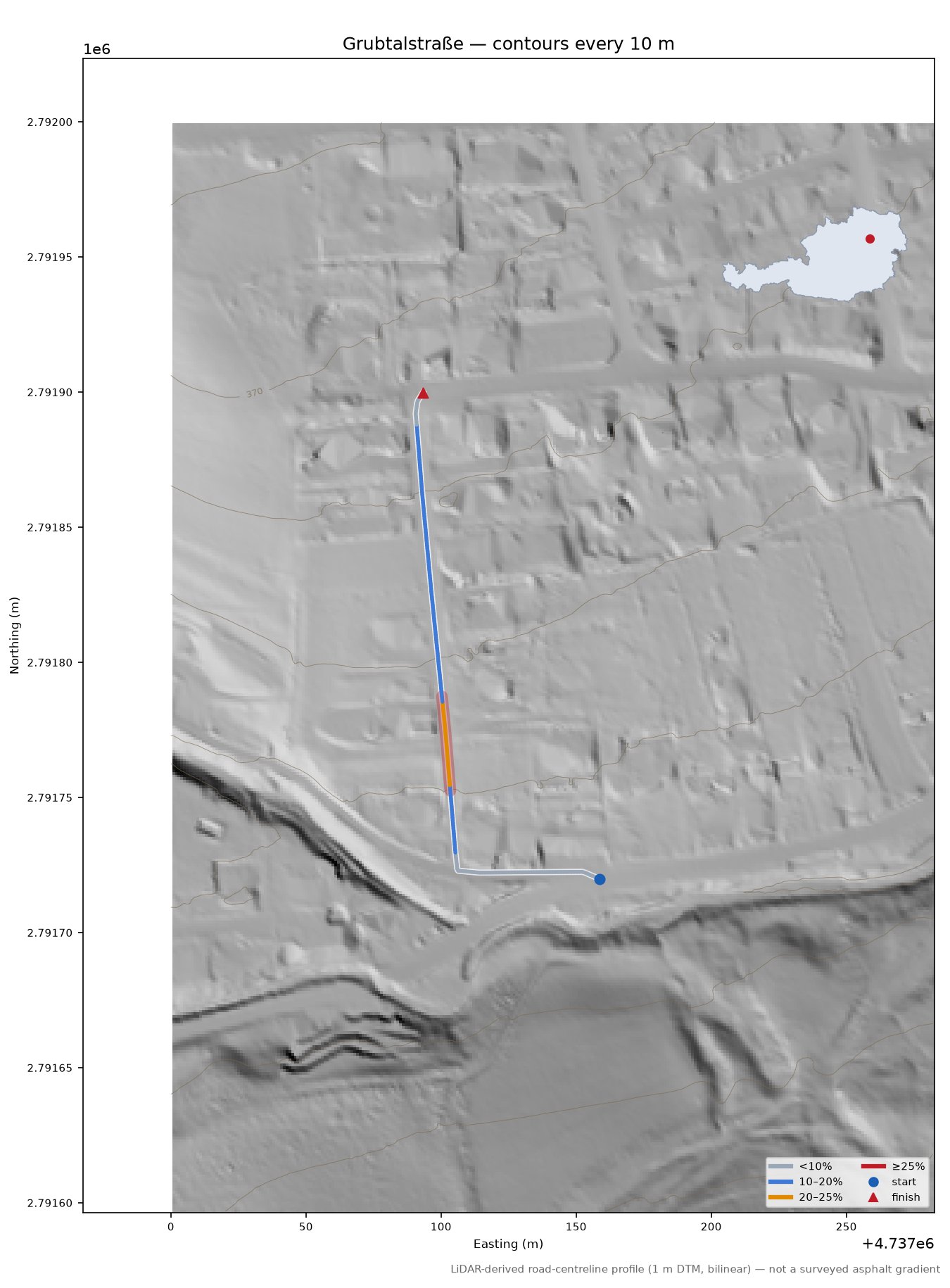 Grubtalstraße LiDAR hillshade map with contours