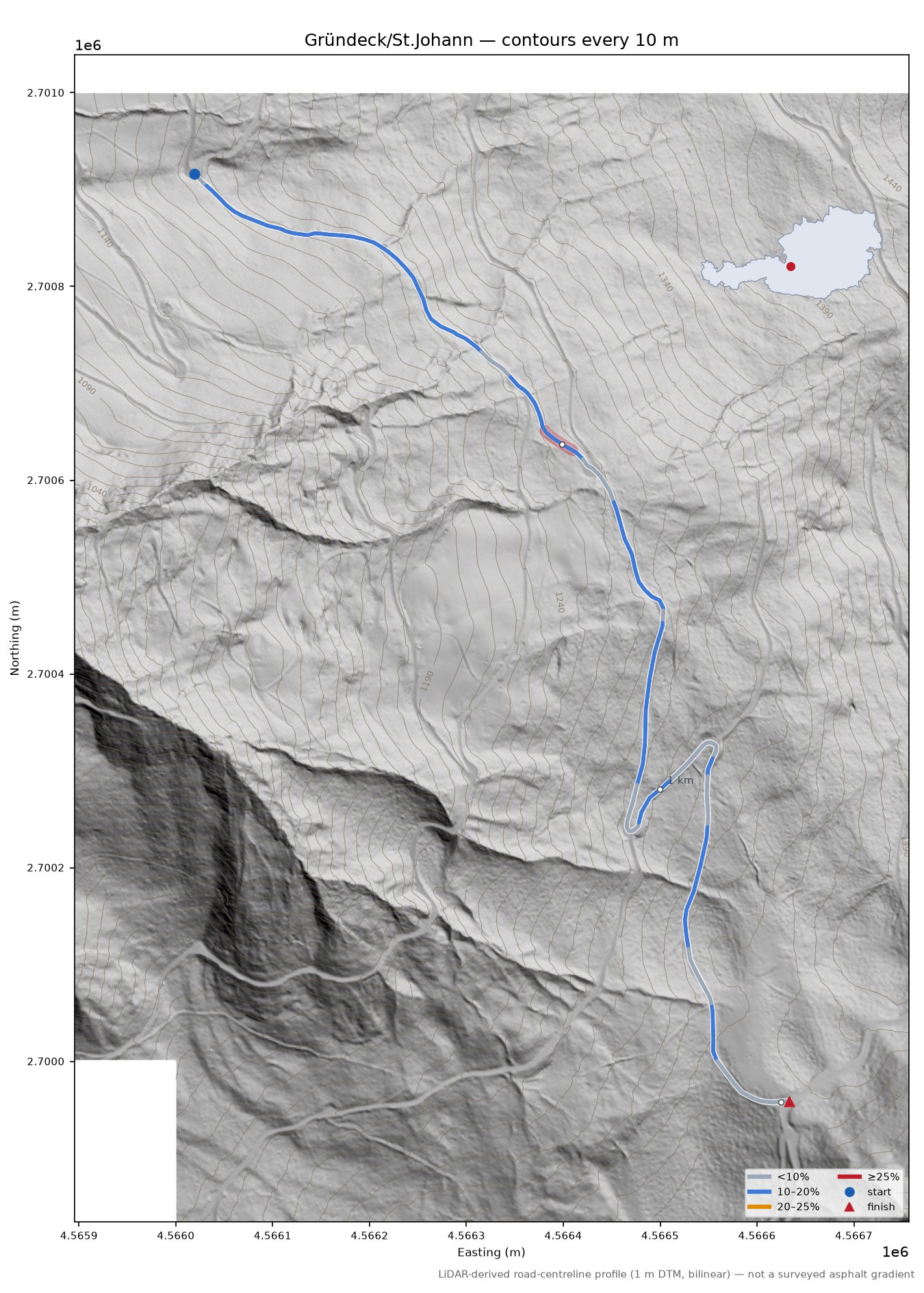 Gründeck/St.Johann LiDAR hillshade map with contours