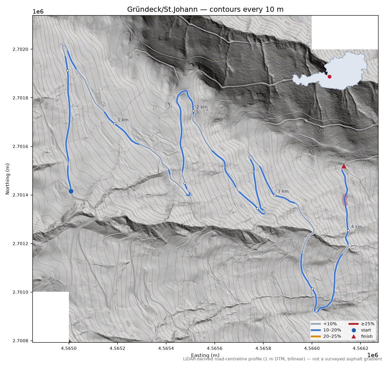 Gründeck/St.Johann LiDAR hillshade map with contours