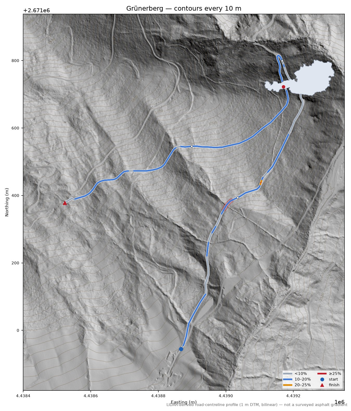 Grünerberg LiDAR hillshade map with contours
