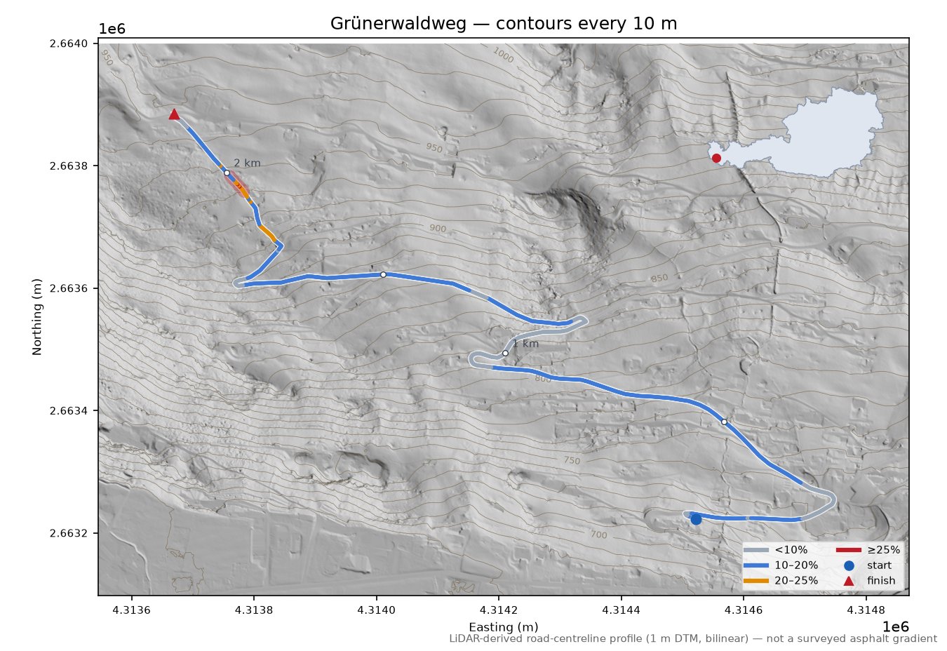 Grünerwaldweg LiDAR hillshade map with contours