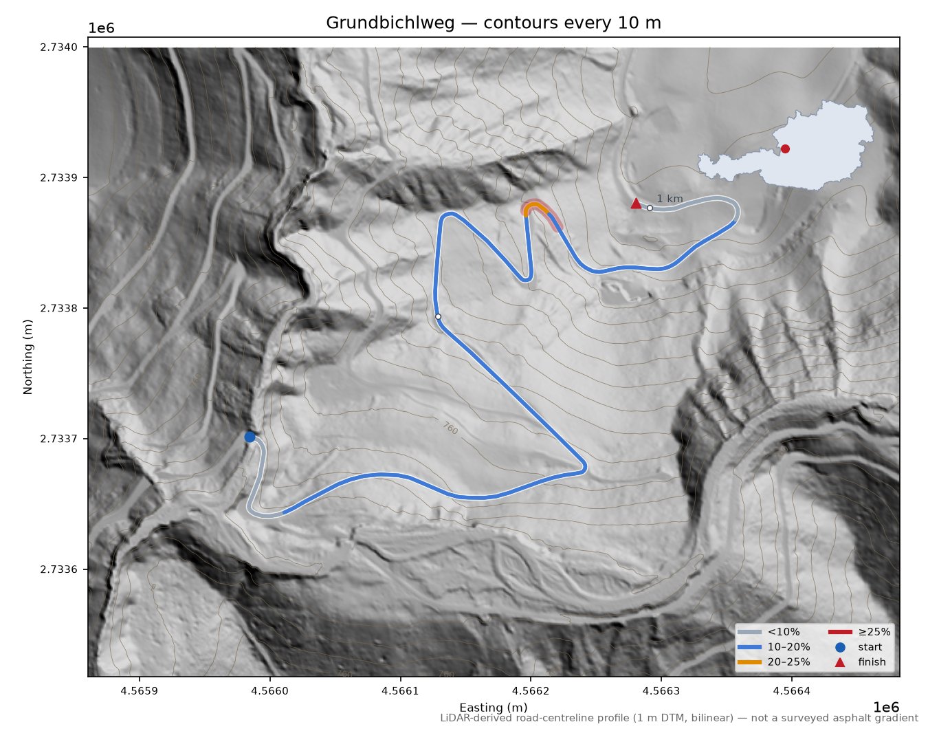 Grundbichlweg LiDAR hillshade map with contours