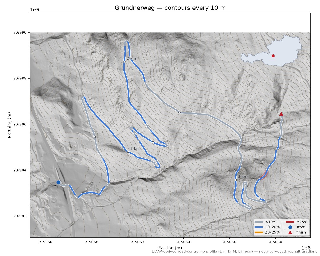 Grundnerweg LiDAR hillshade map with contours