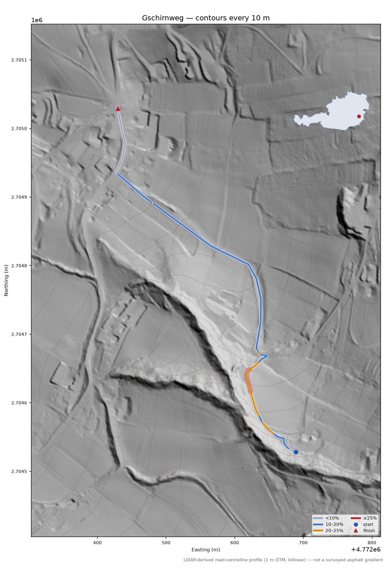Gschirnweg LiDAR hillshade map with contours