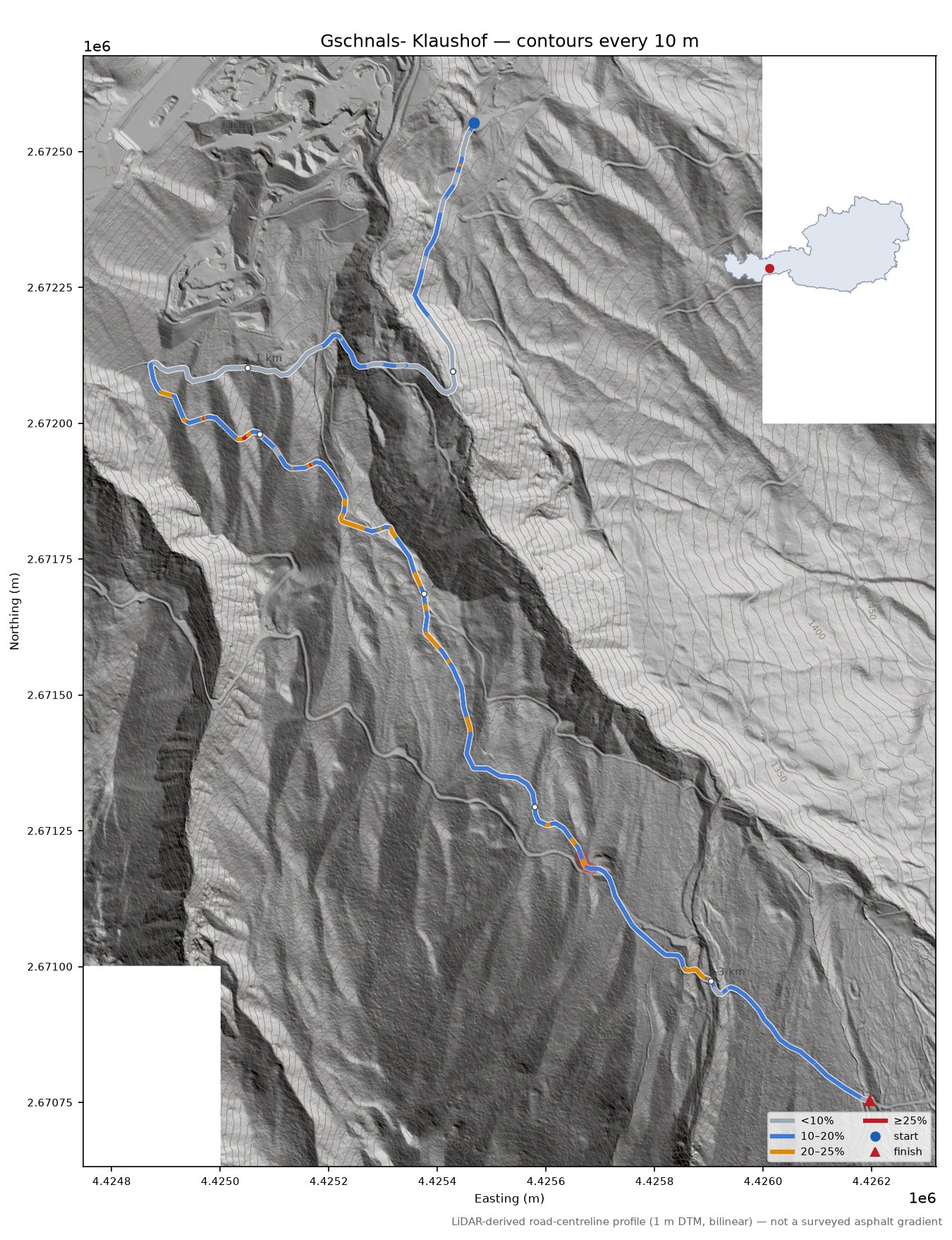 Gschnals- Klaushof LiDAR hillshade map with contours