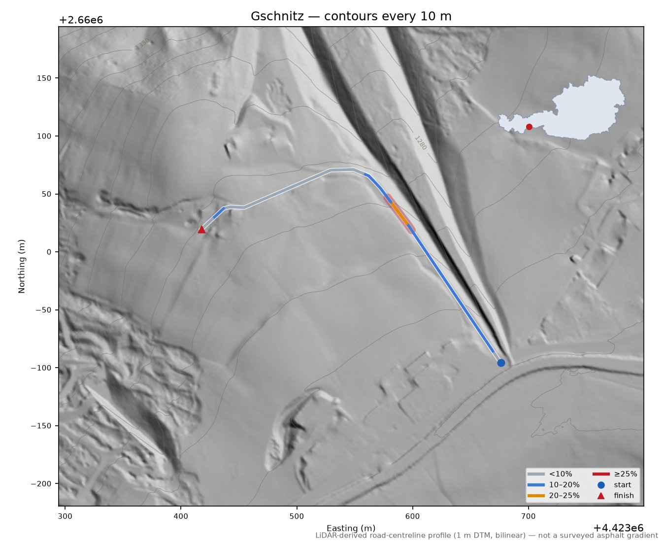 Gschnitz LiDAR hillshade map with contours