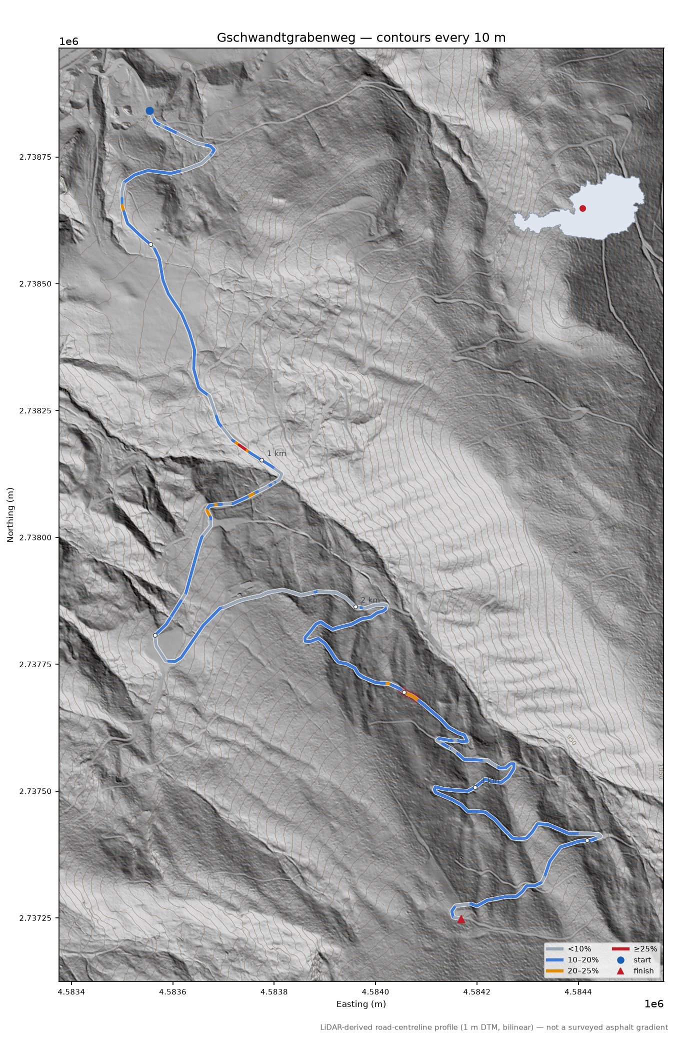 Gschwandtgrabenweg LiDAR hillshade map with contours