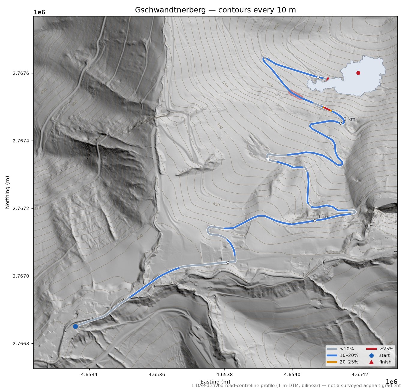 Gschwandtnerberg LiDAR hillshade map with contours