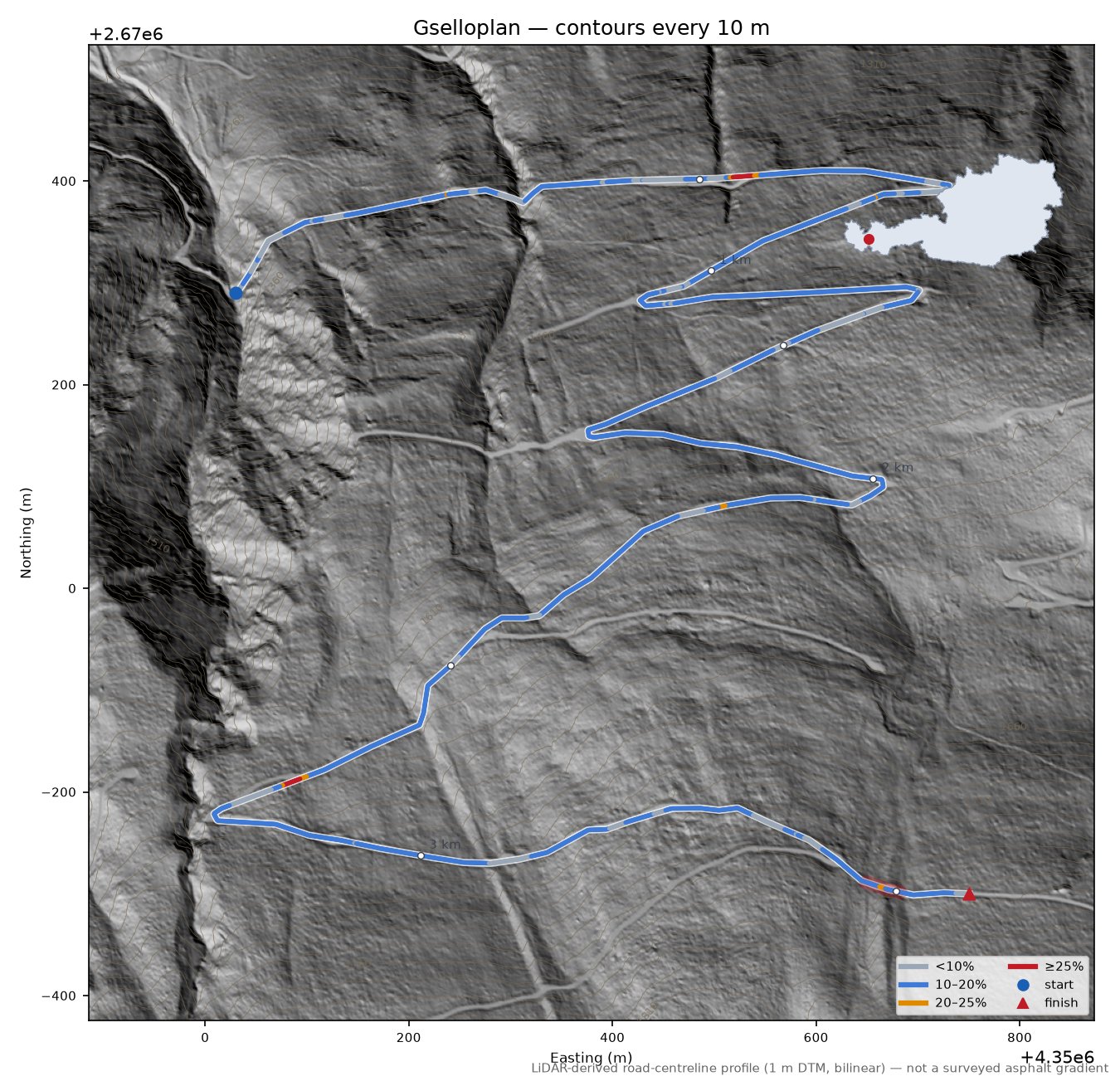 Gselloplan LiDAR hillshade map with contours
