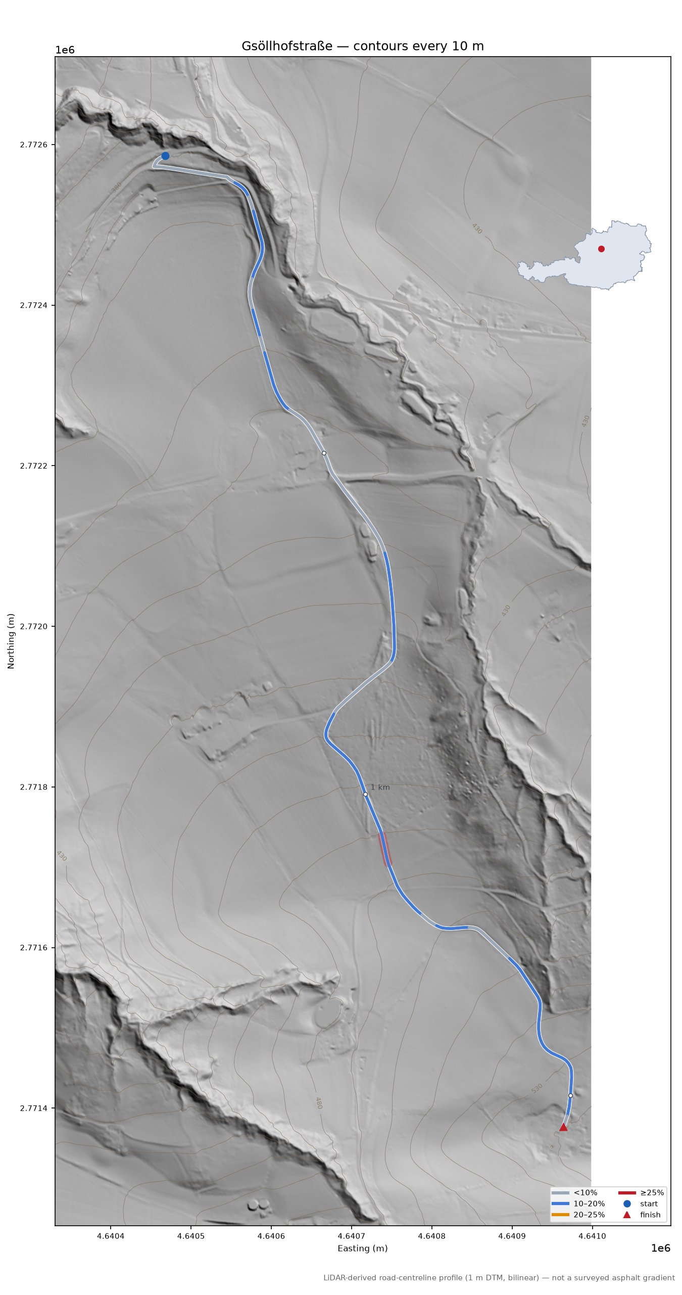 Gsöllhofstraße LiDAR hillshade map with contours