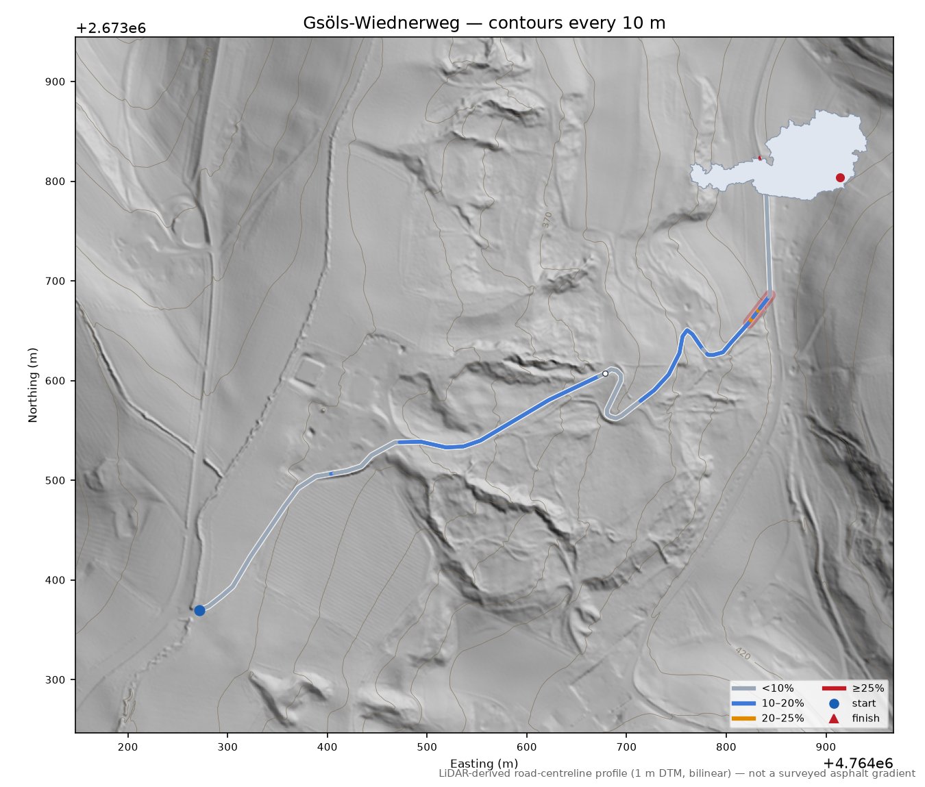 Gsöls-Wiednerweg LiDAR hillshade map with contours