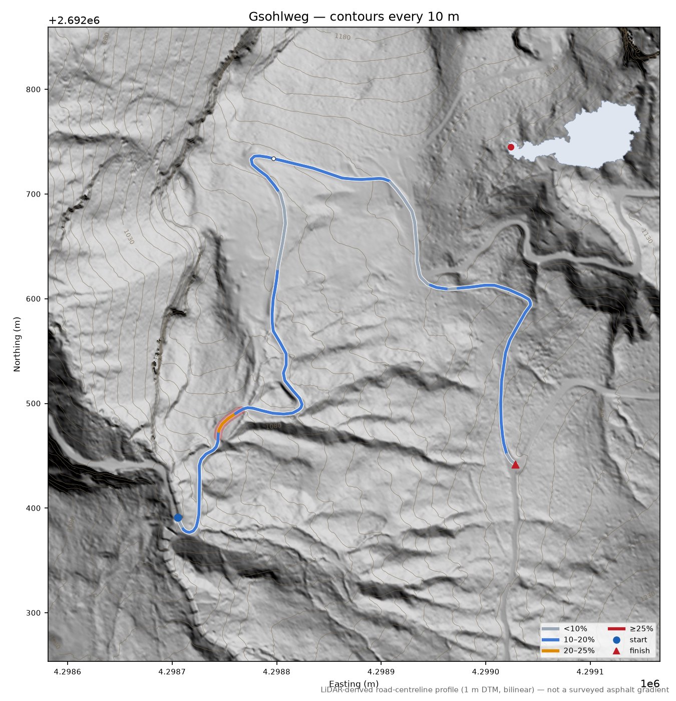 Gsohlweg LiDAR hillshade map with contours