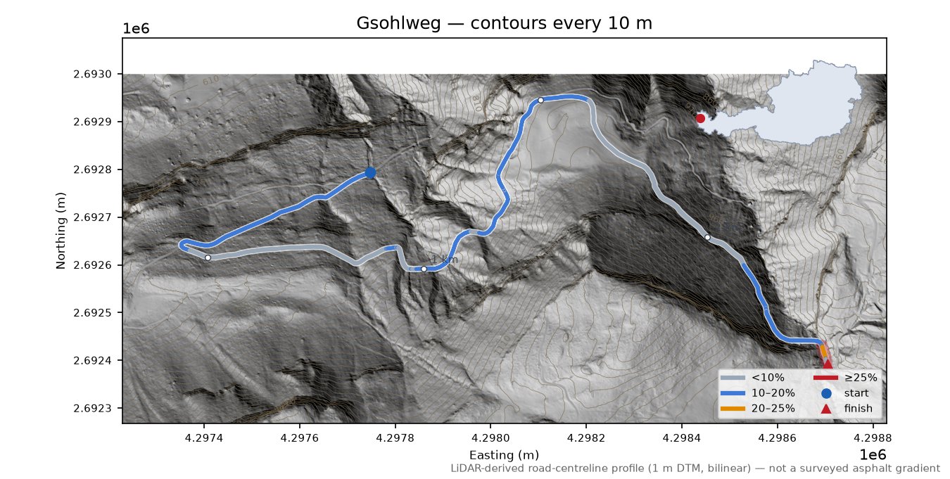 Gsohlweg LiDAR hillshade map with contours