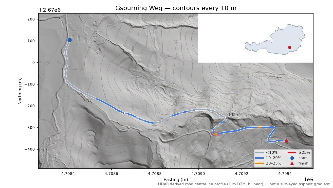 Gspurning Weg LiDAR hillshade map with contours