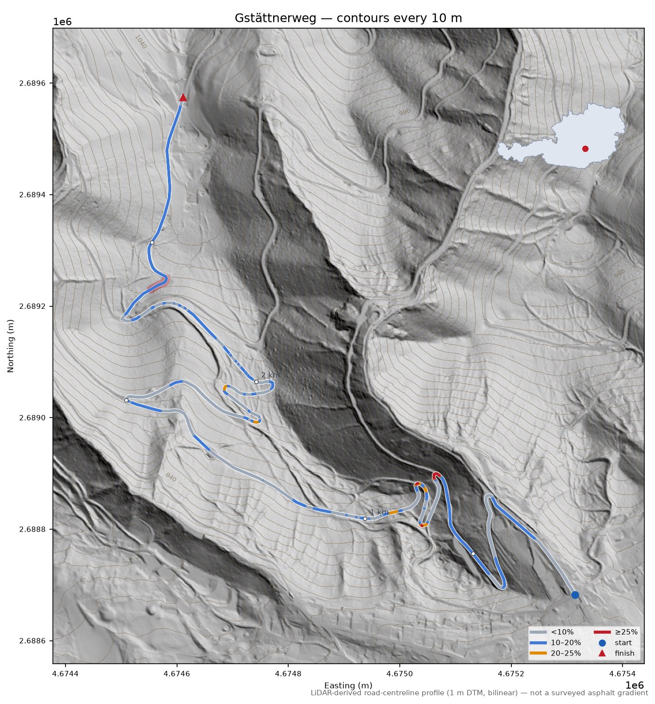 Gstättnerweg LiDAR hillshade map with contours