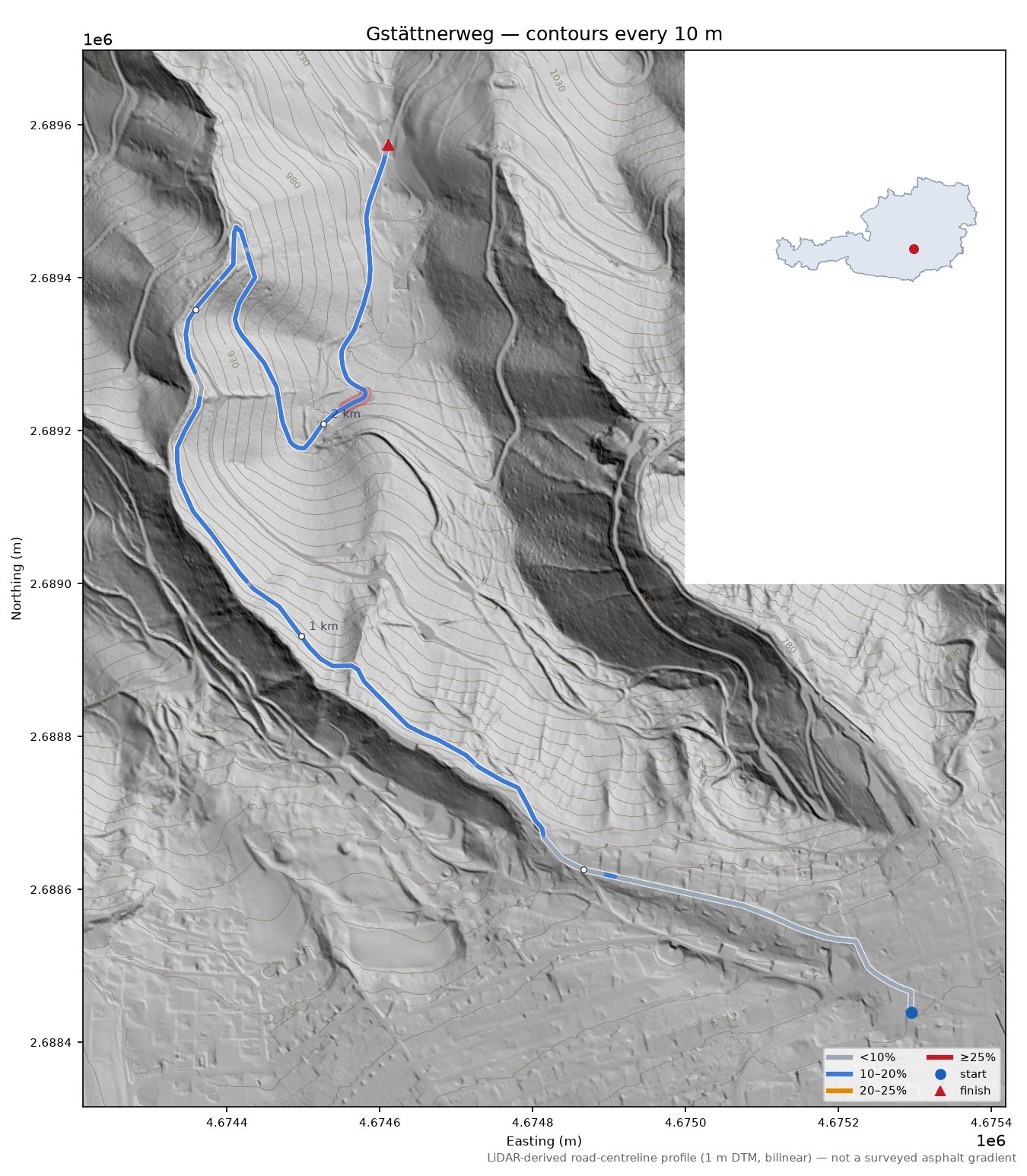 Gstättnerweg LiDAR hillshade map with contours