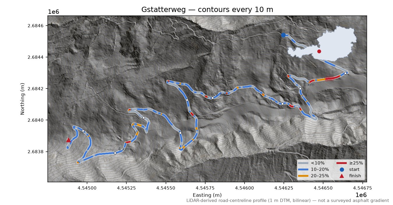 Gstatterweg LiDAR hillshade map with contours
