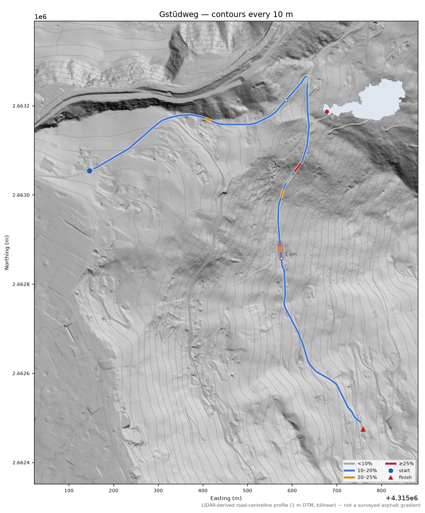 Gstüdweg LiDAR hillshade map with contours