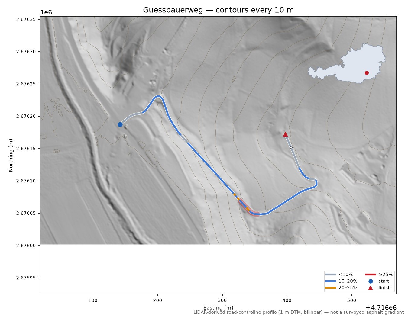 Guessbauerweg LiDAR hillshade map with contours