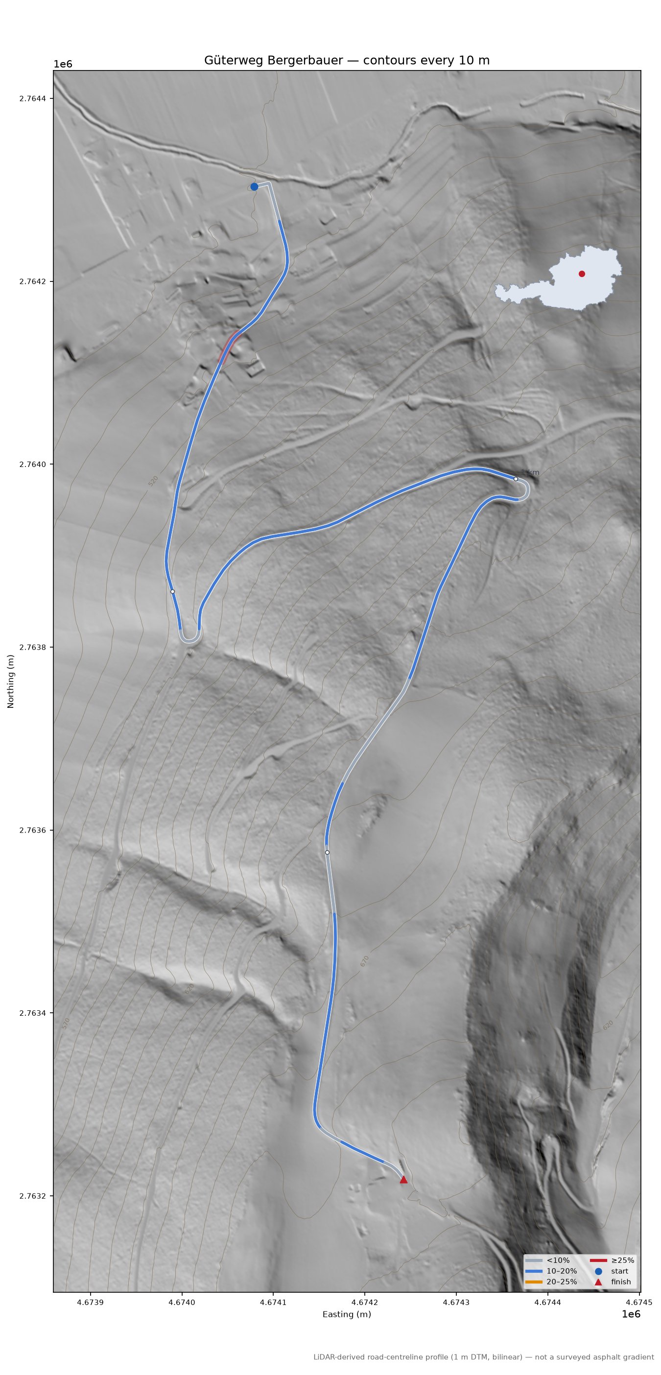 Güterweg Bergerbauer LiDAR hillshade map with contours