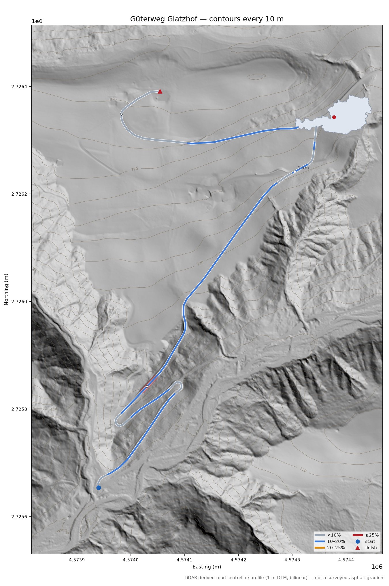 Güterweg Glatzhof LiDAR hillshade map with contours