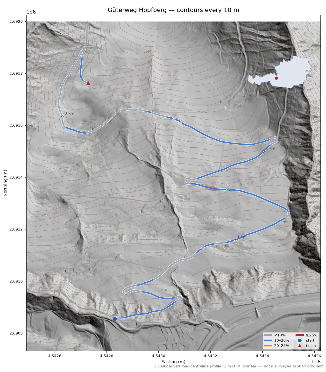 Güterweg Hopfberg LiDAR hillshade map with contours