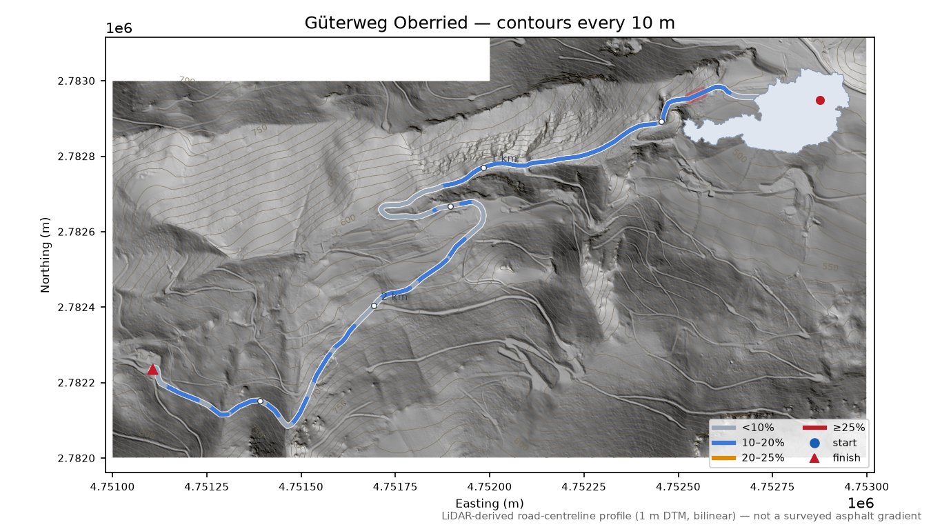 Güterweg Oberried LiDAR hillshade map with contours