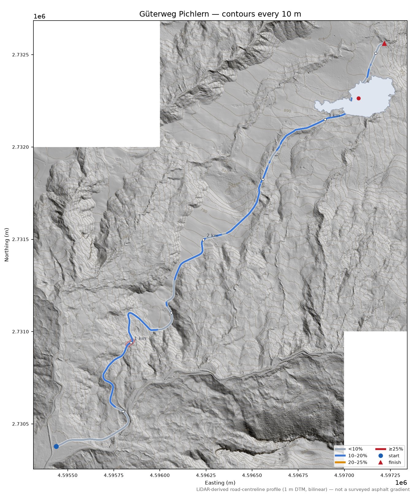 Güterweg Pichlern LiDAR hillshade map with contours