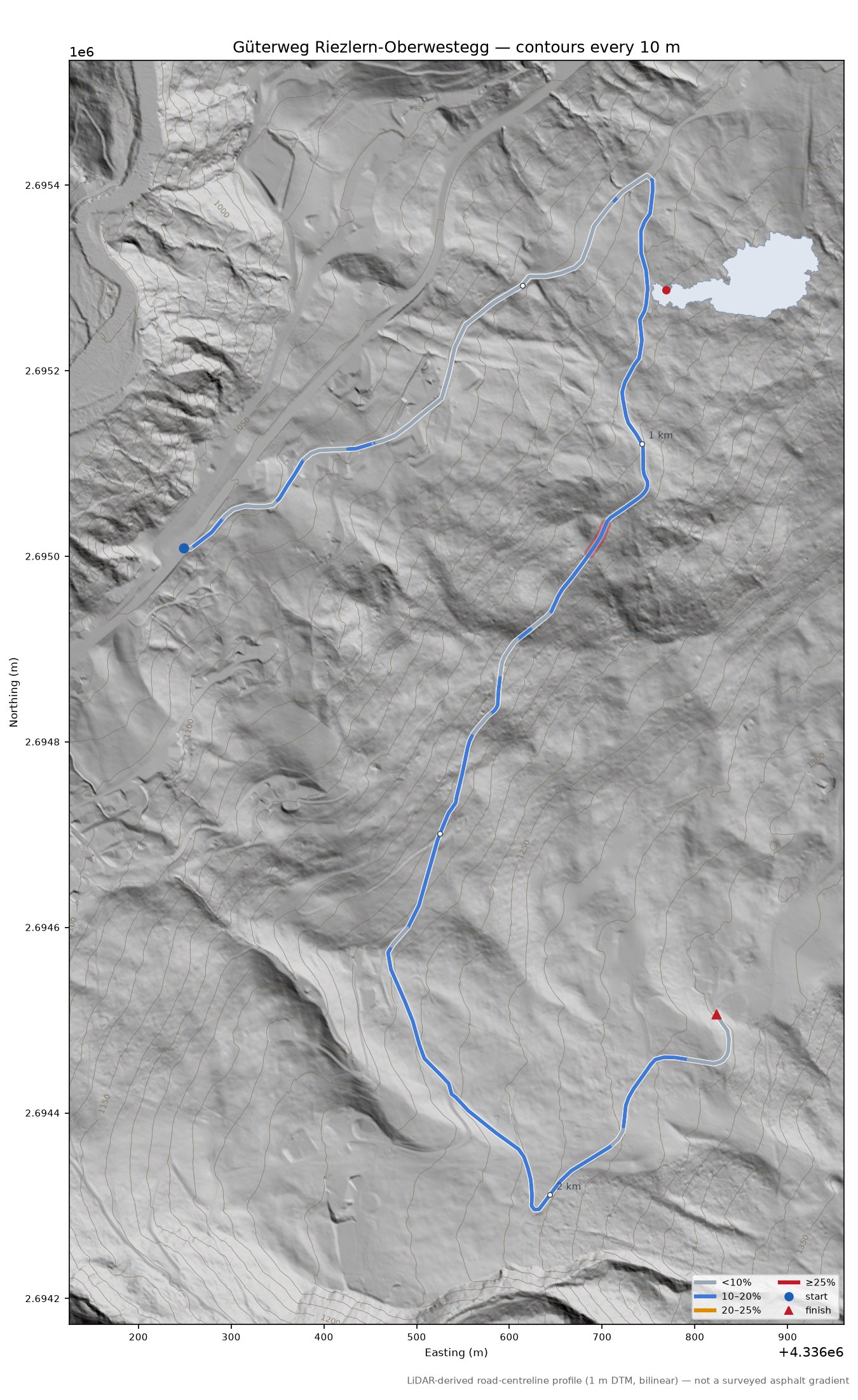 Güterweg Riezlern-Oberwestegg LiDAR hillshade map with contours