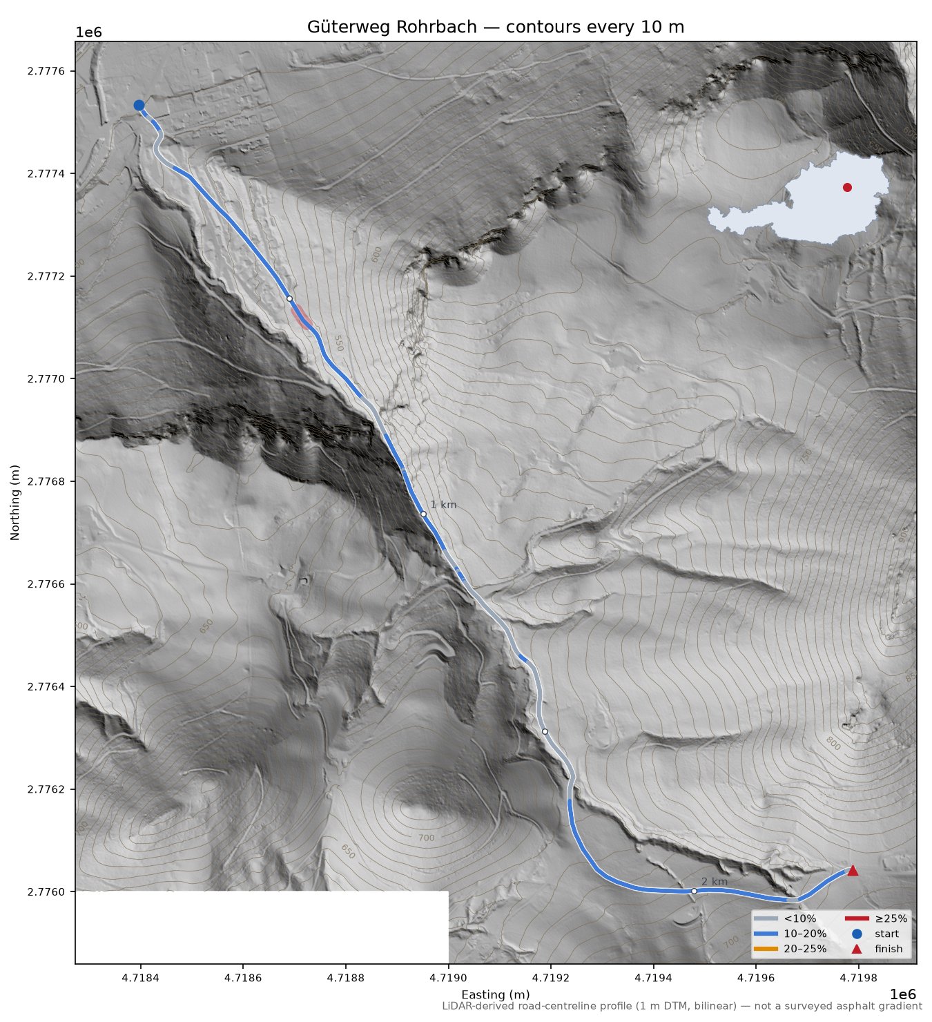 Güterweg Rohrbach LiDAR hillshade map with contours