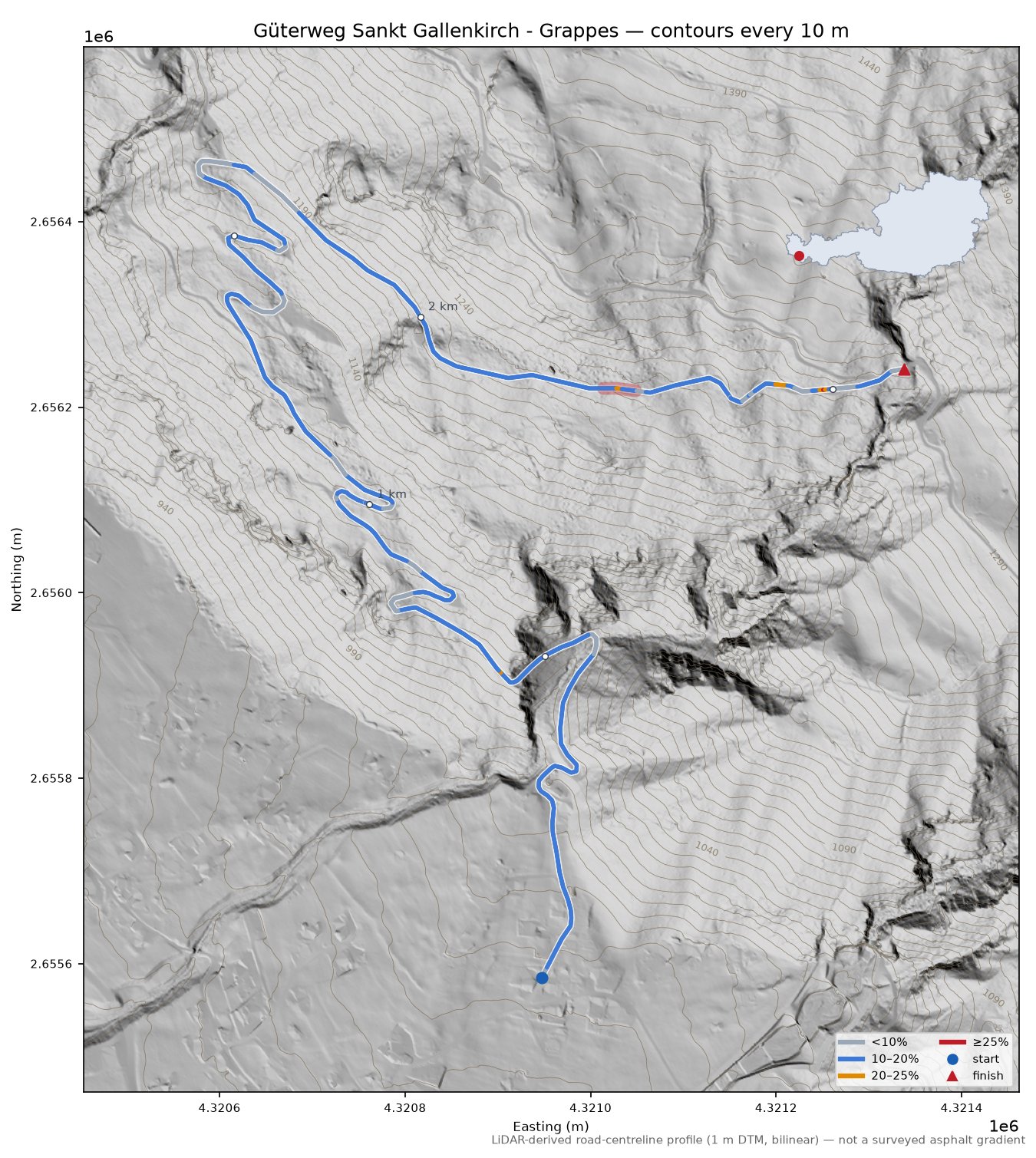Güterweg Sankt Gallenkirch - Grappes LiDAR hillshade map with contours