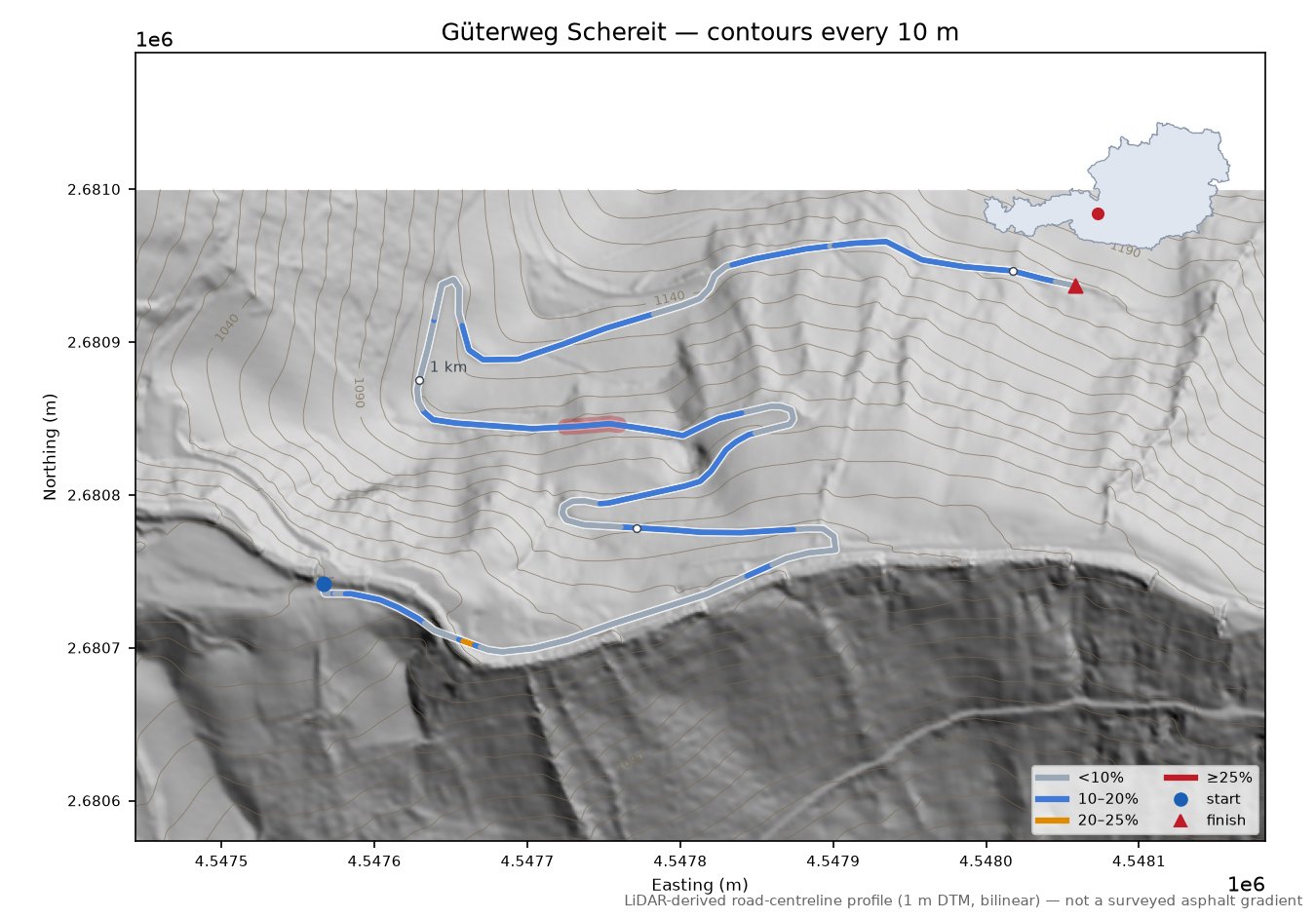 Güterweg Schereit LiDAR hillshade map with contours