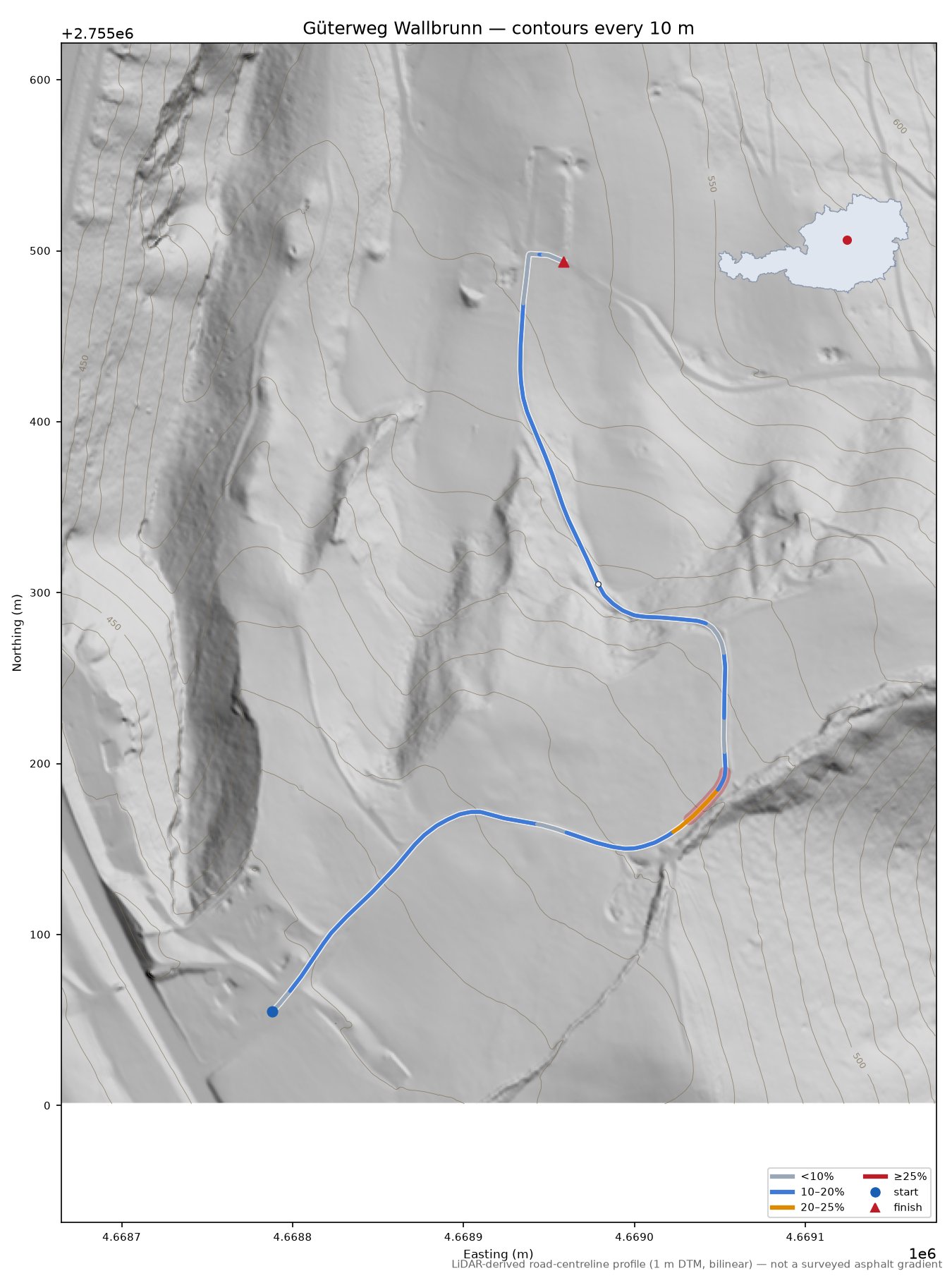 Güterweg Wallbrunn LiDAR hillshade map with contours
