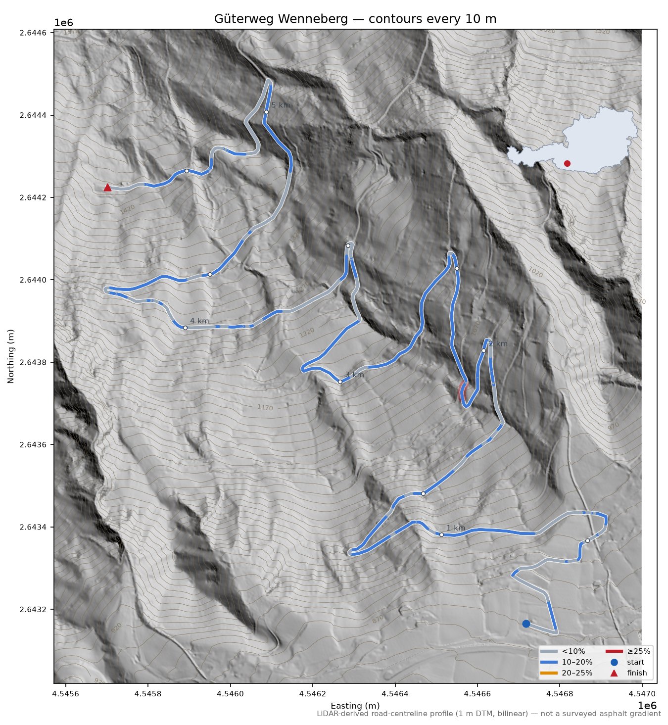 Güterweg Wenneberg LiDAR hillshade map with contours
