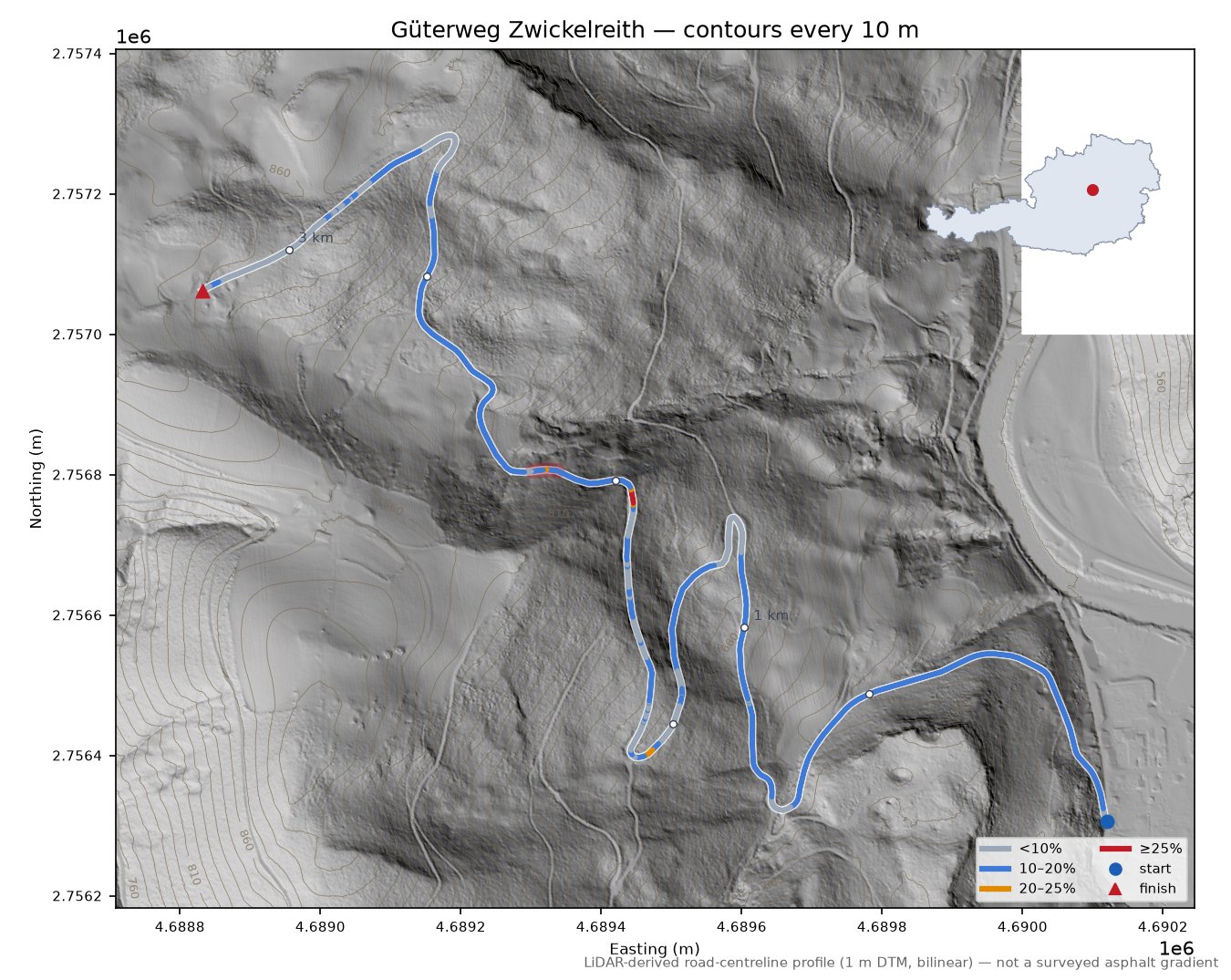 Güterweg Zwickelreith LiDAR hillshade map with contours