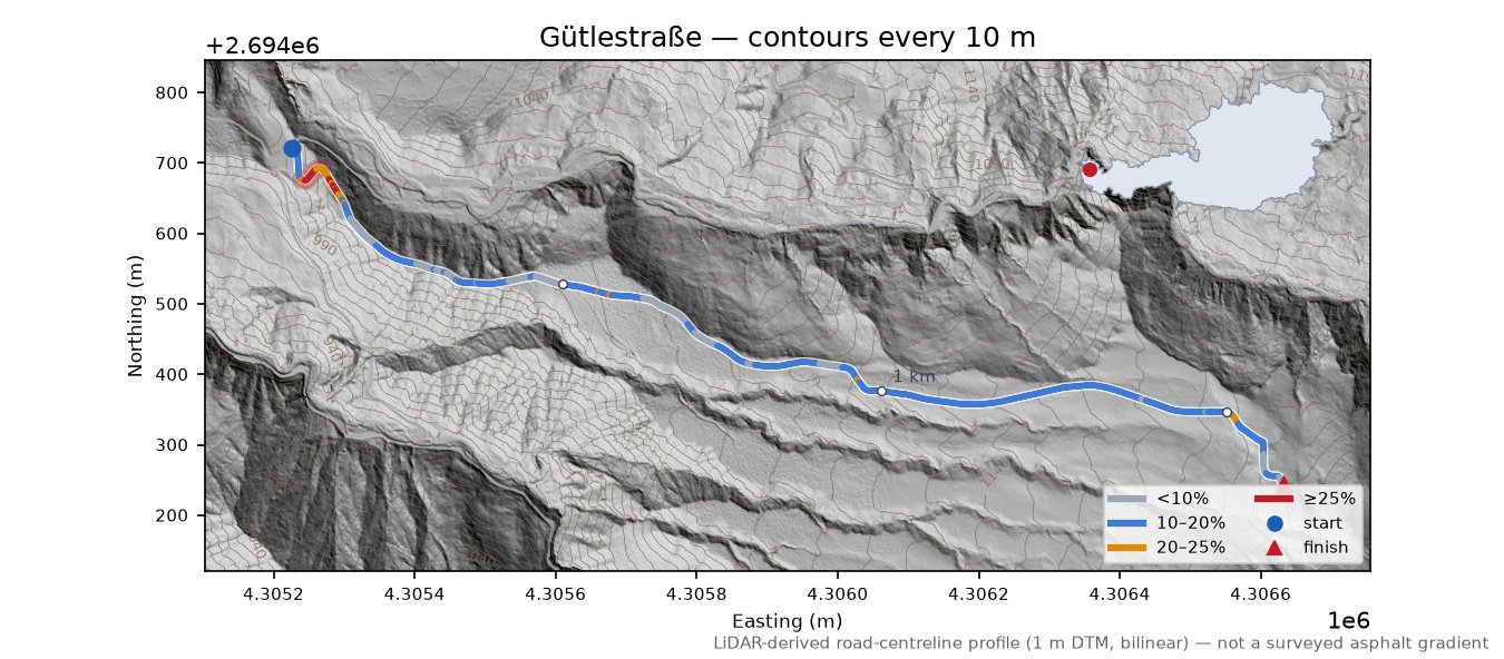Gütlestraße LiDAR hillshade map with contours
