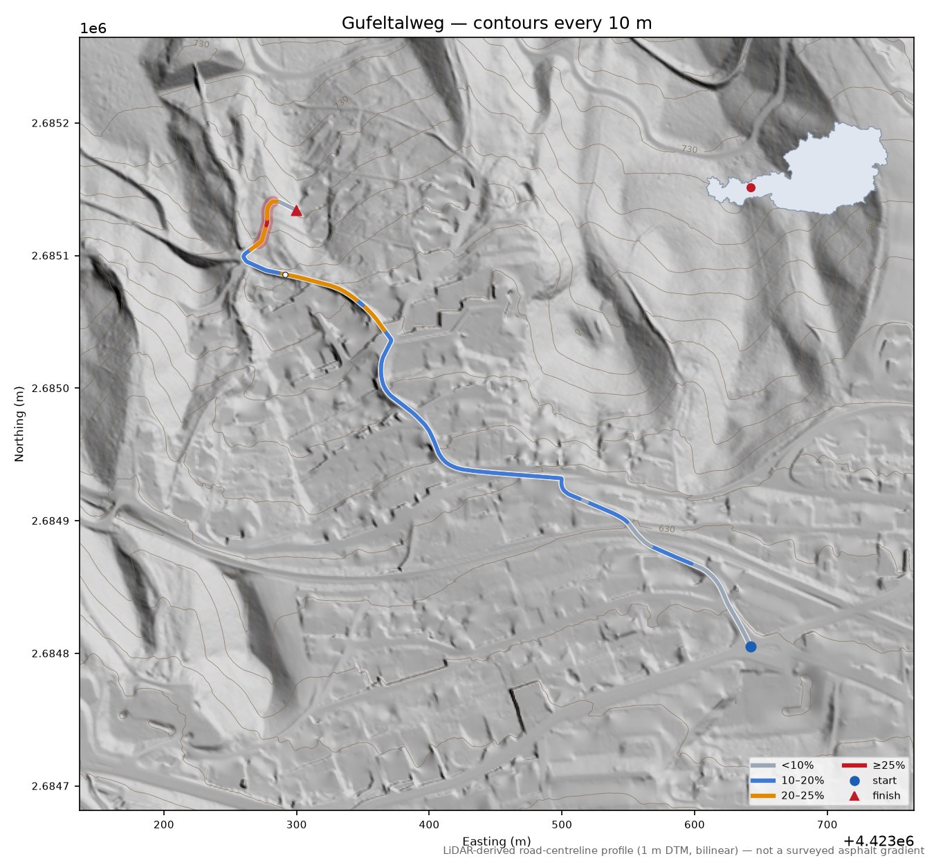 Gufeltalweg LiDAR hillshade map with contours