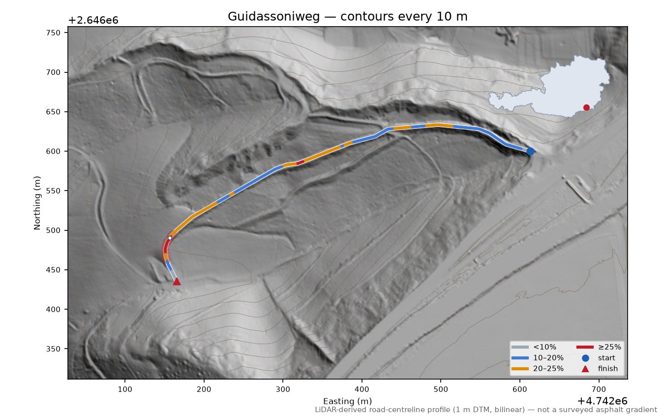 Guidassoniweg LiDAR hillshade map with contours