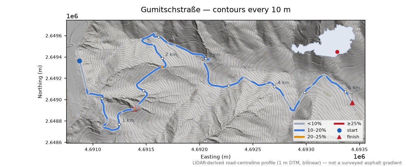 Gumitschstraße LiDAR hillshade map with contours